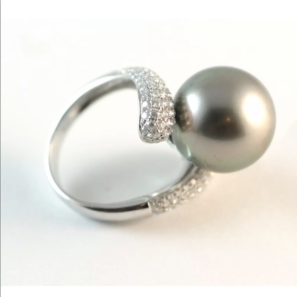 18k White Gold 14.8mm Tahitian Pearl Diamond Ring - Picture 6 of 8